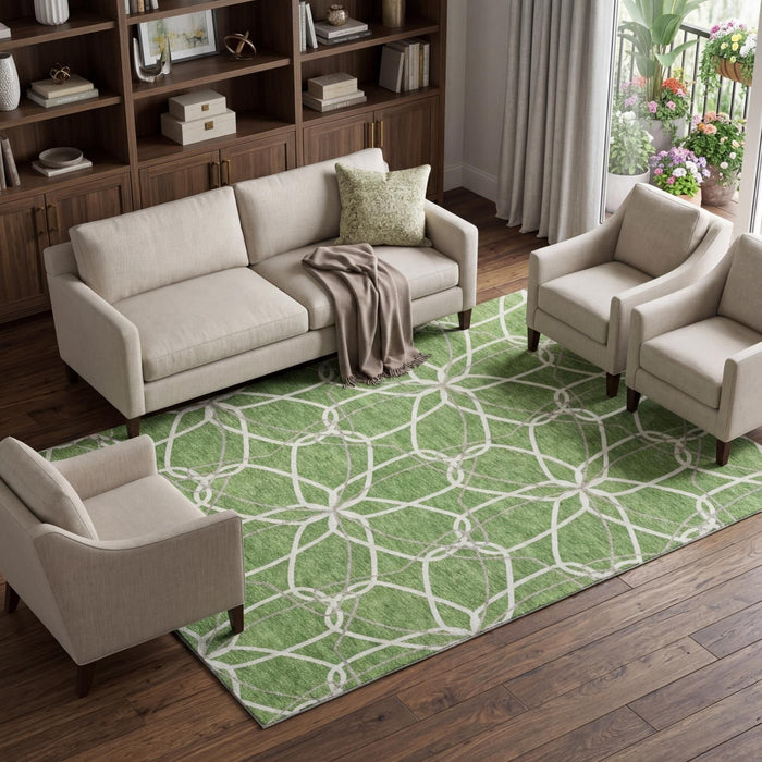 10' X 14' Geometric Washable Area Rug With UV Protection (675510) - Green / Ivory / Gray