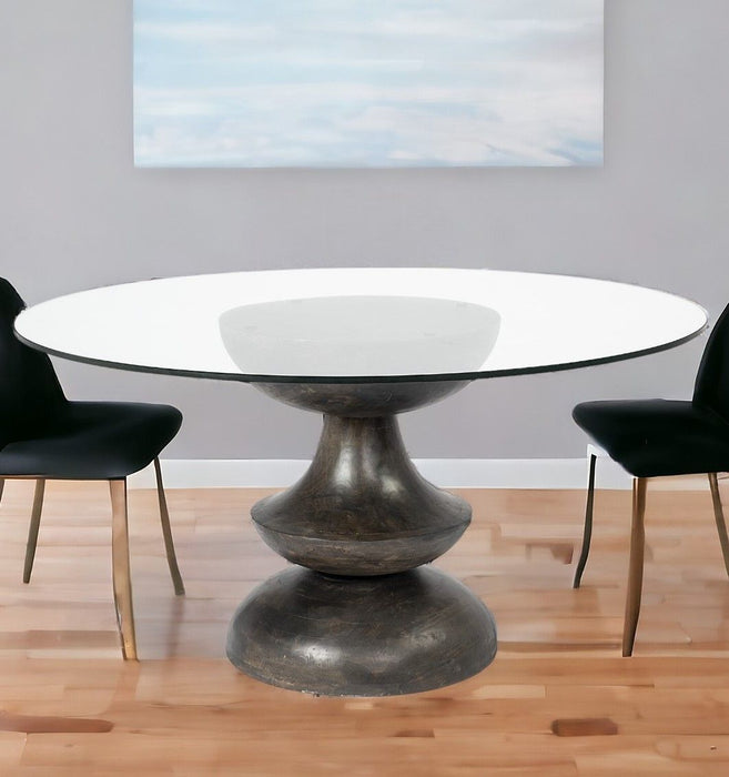 60" Rounded Glass And Solid Manufactured Wood Pedestal Base Dining Table - Brown