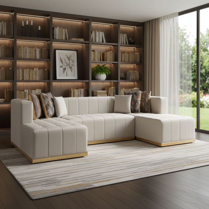 Velvet U Shaped Three Piece Sofa Chaise Sectional With Toss Pillows - Ivory