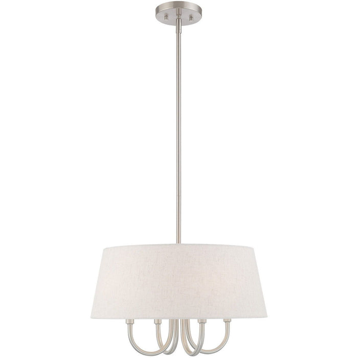 20-inch metal chandelier with four lights, dimmable, featuring cream shades and nickel finish, ideal for elegant home lighting.