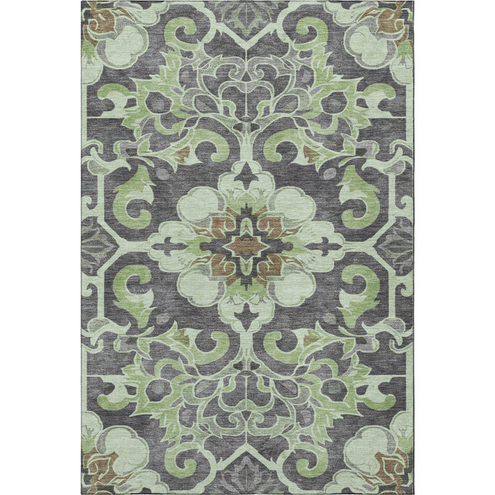 10' X 14' Floral Medallion Washable Area Rug With UV Protection (709054) - Artichoke Green / Charcoal / Gray