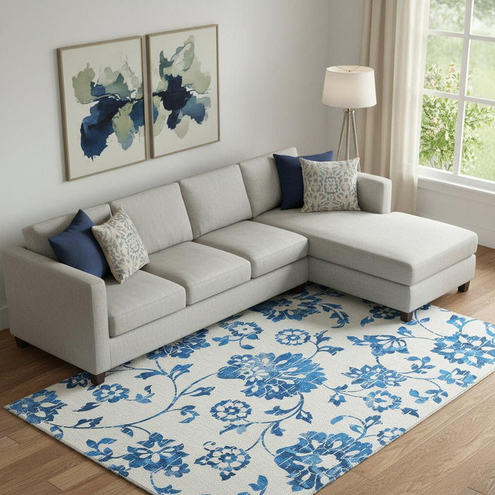 10' X 14' Floral Washable Area Rug With UV Protection (667957) - White / Blue