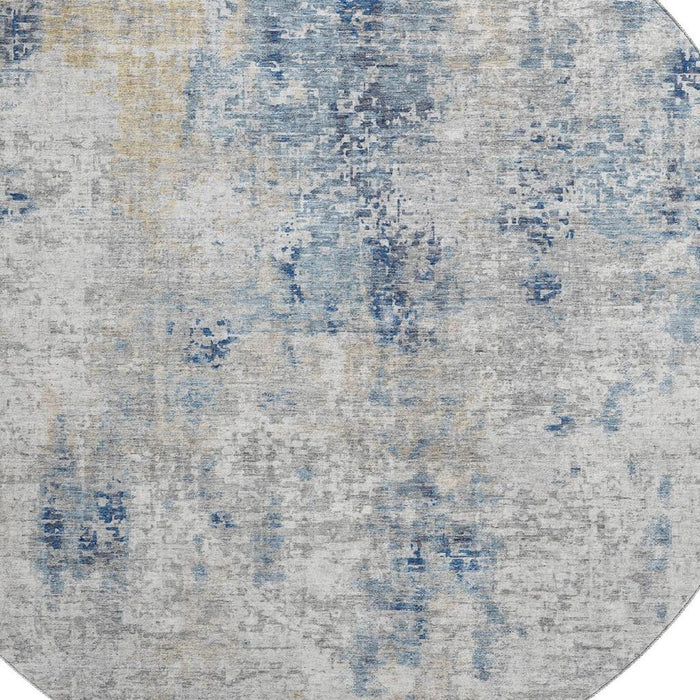 8' Abstract Washable Round Rug With UV Protection - Blue / Ivory