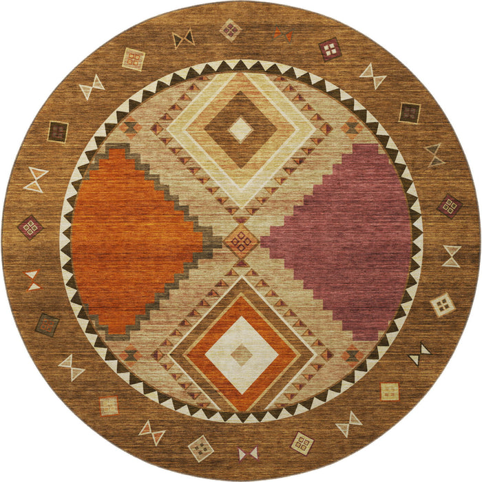 8' Southwest Geometric Washable Round Rug With UV Protection - Brown
