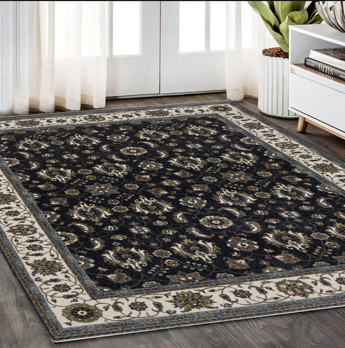 5' X 8' Oriental Area Rug With Fringe - Blue And Ivory