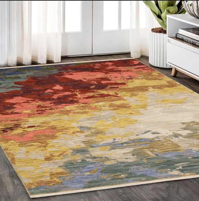 8' X 5' Abstract Area Rug With Fringe - Beige / Rust