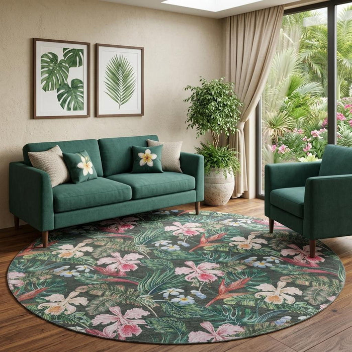 8' Geometric Washable Round Rug With UV Protection (646340) - Midnight / Green / Pink