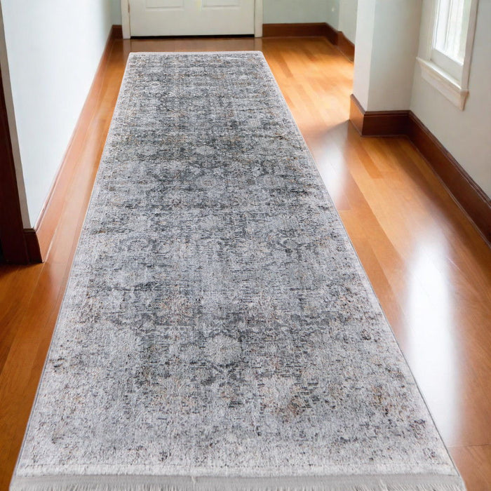 12' Damask Power Loom Worn Faded Runner Rug - Gray And Silver