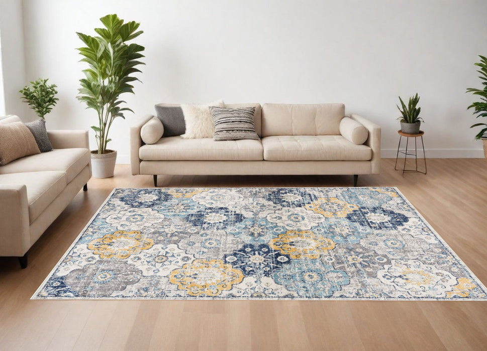 12' x 18' Floral Washable Non Skid Area Rug - Blue And Yellow