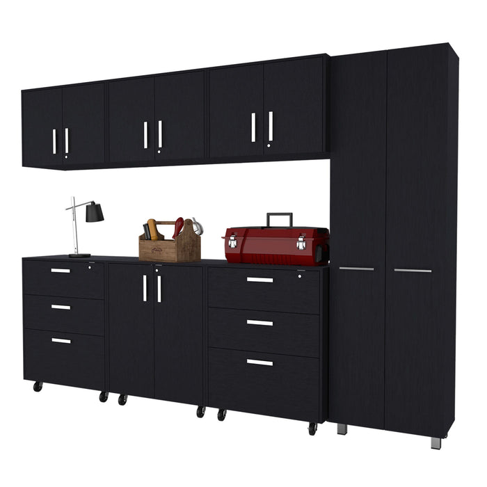 Black wall-mounted accent cabinet with twelve open shelves and six drawers, designed for storage and organization by HomeRoots.