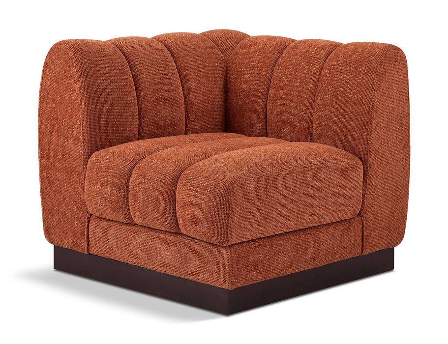 Meridian Furniture Quinn corner chair in neutral fabric, showcasing plush cushions and modern design for comfortable seating.