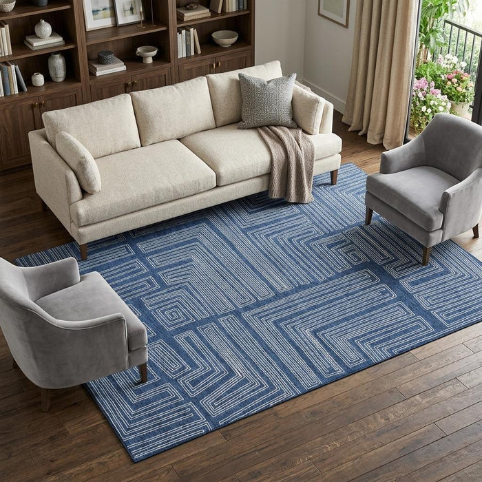 10' X 14' Geometric Washable Area Rug With UV Protection (681995) - Navy Blue / Ivory