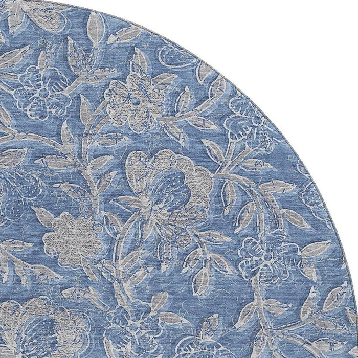 8' Floral Washable Round Rug With UV Protection - Denim Blue And Taupe