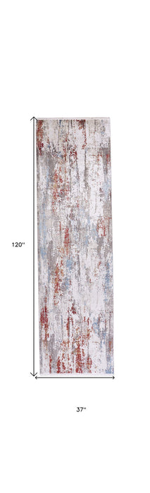 10' Industrial Abstract Power Loom Runner Rug With Fringe - Gray / Red