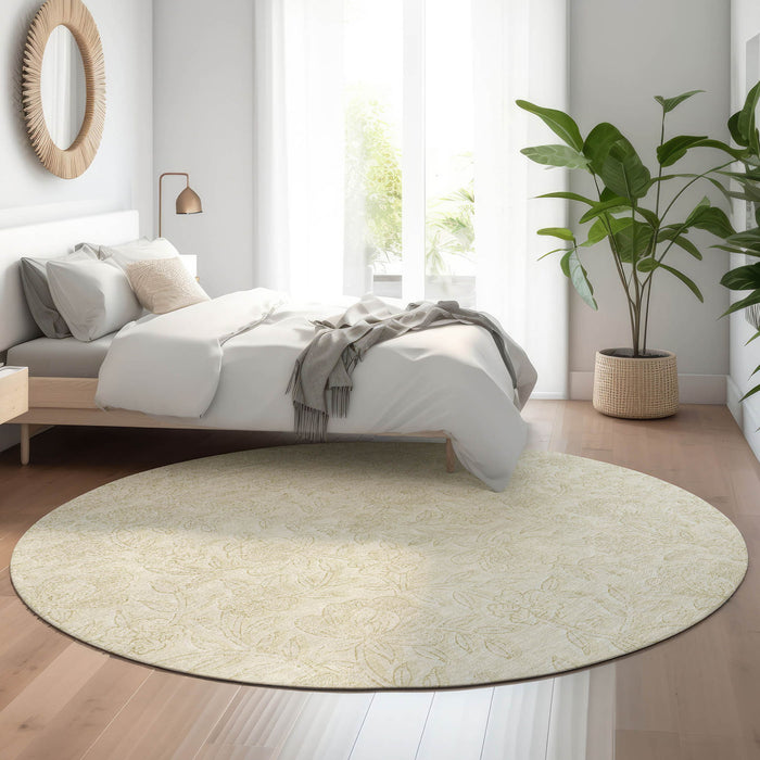 8' Floral Washable Round Rug With UV Protection - Ivory And Beige