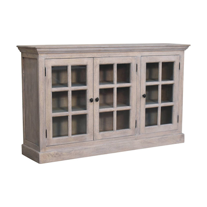 35" Distressed Solid Wood Accent Cabinet With Three Doors - Light Gray