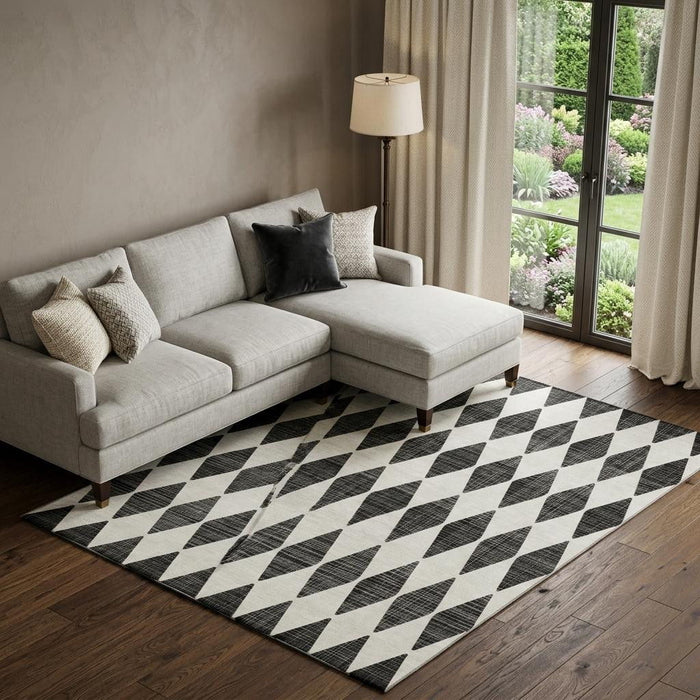 9' X 12' Diamond Washable Area Rug With UV Protection (650025) - Black / Ivory