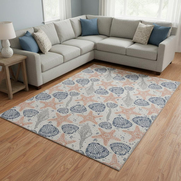 10' X 14' Geometric Washable Area Rug With UV Protection (645768) - Peach / Ivory / Navy Blue