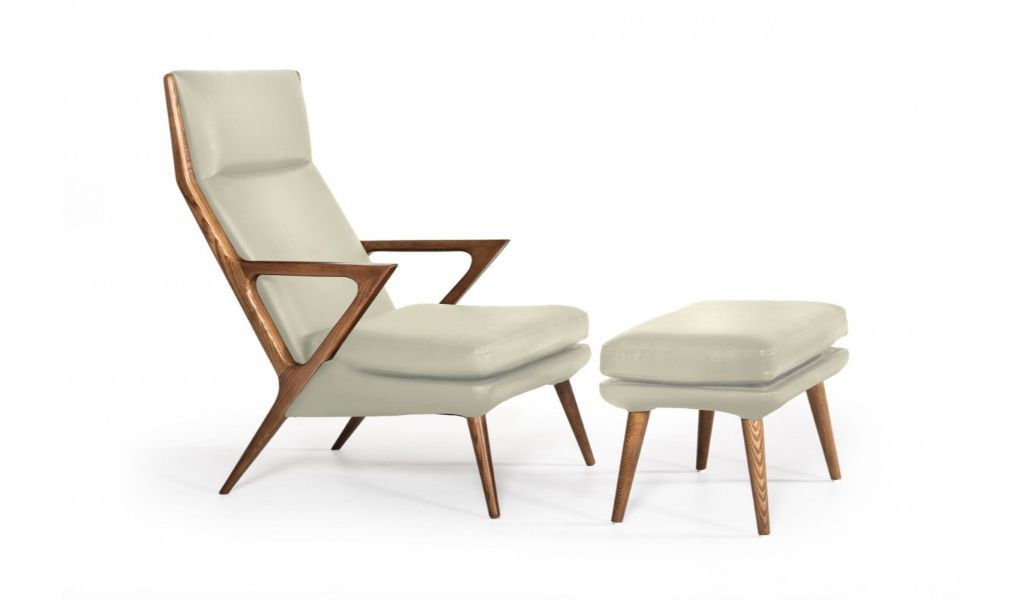 Faux Leather And Walnut Lounge Chair With Ottoman - Beige