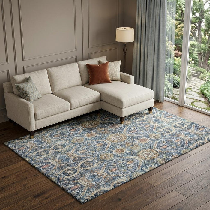10' X 14' Medallion Washable Area Rug With UV Protection (688231) - Denim Blue / Beige / Copper