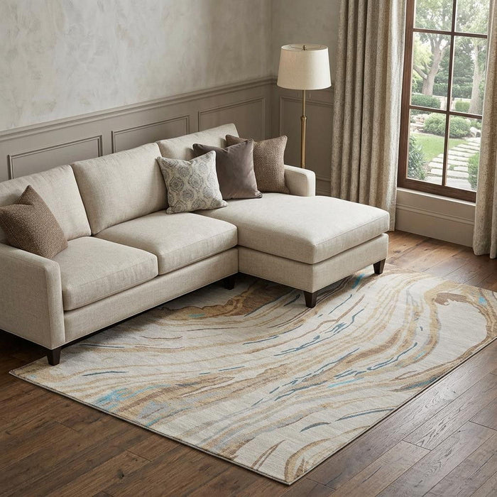 10' X 14' Abstract Washable Area Rug With UV Protection (681359) - Beige / Teal / Brown