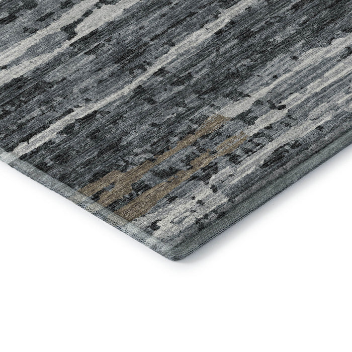 8' Striped Washable Round Rug With UV Protection - Graphite And Ivory