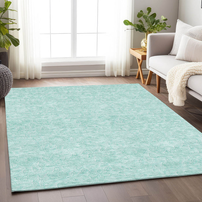 10' X 14' Floral Washable Area Rug Polyester With UV Protection - Teal And Ivory