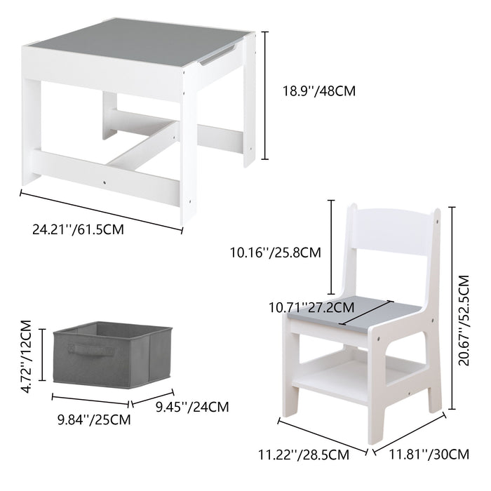 Kids Giga 3-in-1 activity table and chair set with storage drawer, white, featuring a detachable top for drawing, reading, and crafts.