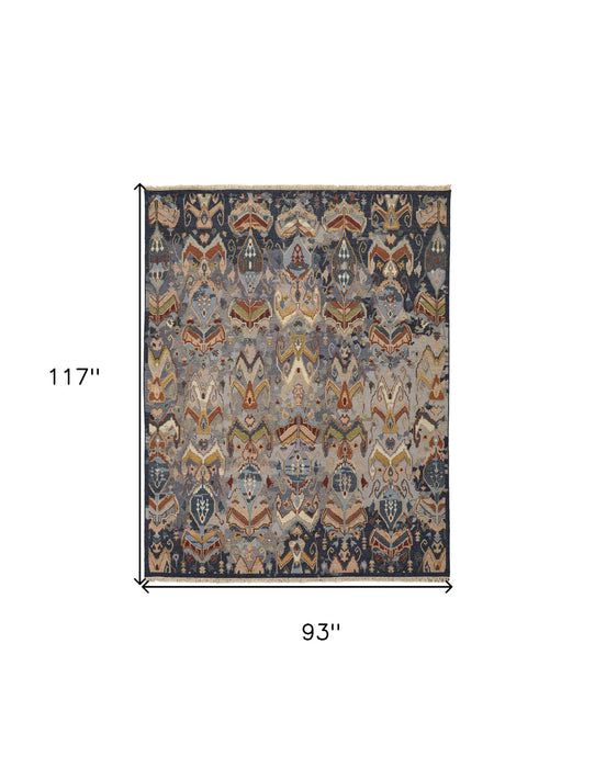 7.8' x 9.8' Wool Ikat Hand Knotted Area Rug With Fringe - Blue Gray And Brown