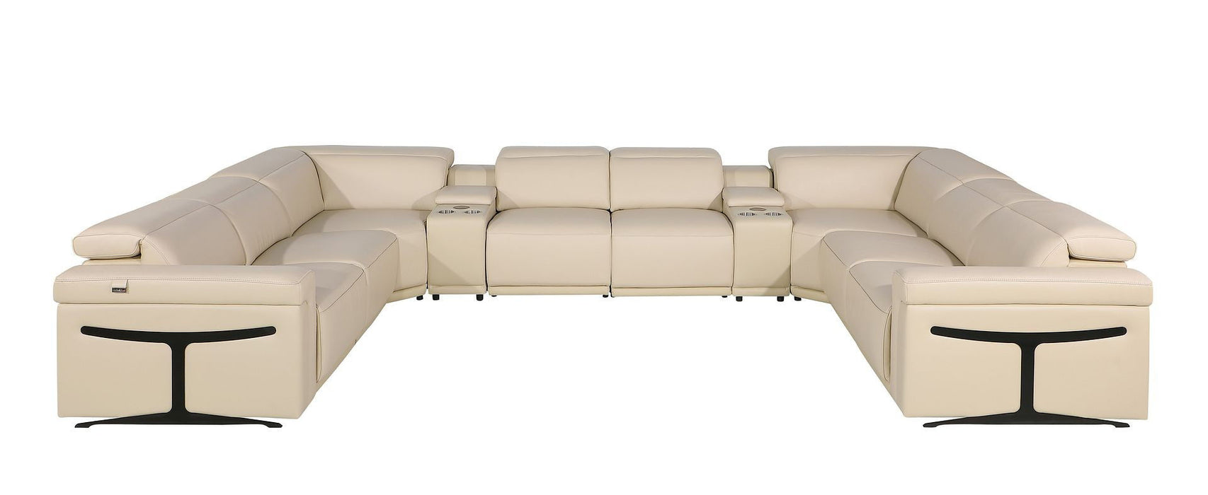 Italian Leather Power Reclining U Shaped Ten Piece Corner Sectional With Console - Beige