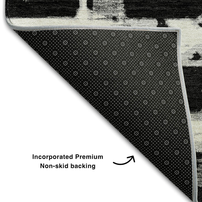 8' Striped Washable Round Rug With UV Protection - Black And Silver