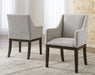 Set of two Ashley Furniture dining UPH arm chairs in beige and dark brown fabric with wooden legs.