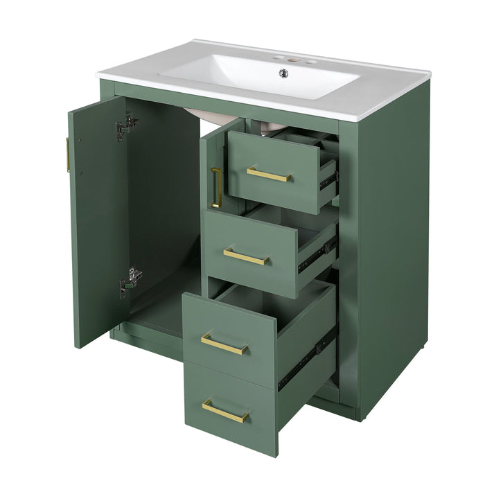 Giga bathroom vanity with sink, three-drawer storage cabinet, and soft-closing doors, freestanding set for modern bathrooms.