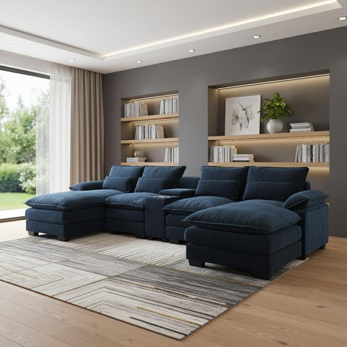 Fabric Modular USB Sofa With Black Legs - Blue