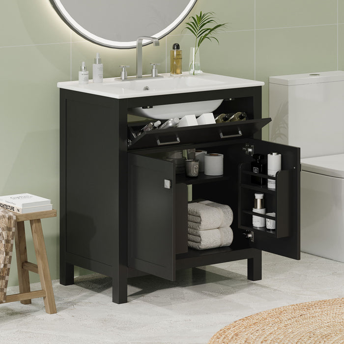 Modern Giga bathroom vanity with ceramic sink, two-door cabinet, shelf, and soft-close doors for stylish bathroom storage.