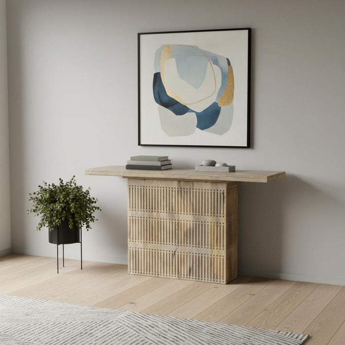 Solid Wood Distressed Pedestal Console Table - Light Brown