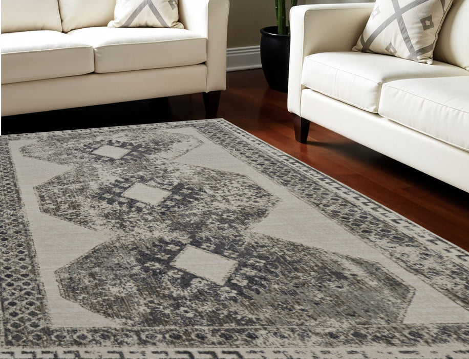 10' X 14' Abstract Power Loom Worn Faded Area Rug - Gray And Ivory