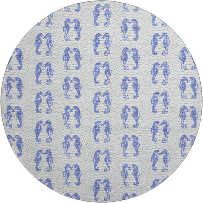 8' Coastal Geometric Washable Round Rug With UV Protection - Blue And Ivory
