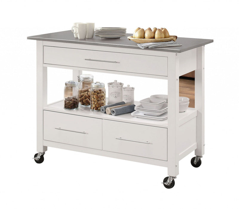 43" Rolling Kitchen Island With Storage - White / Silver