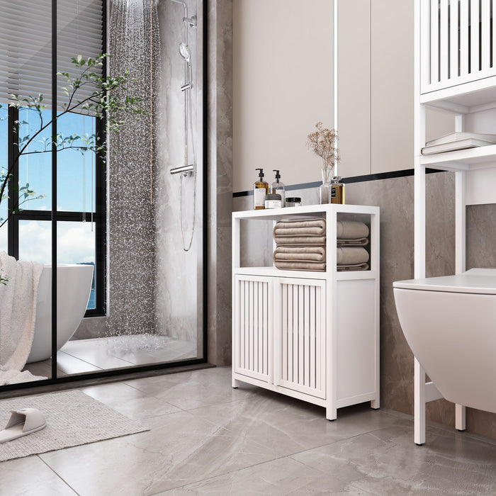 White bamboo linen storage cabinet with multiple shelves, suitable for bathroom and living room organization by Giga.