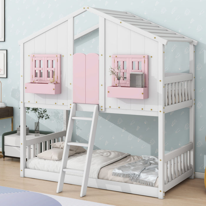 Giga house bunk bed with roof, window, window box, door, safety guardrails, and ladder for children’s bedroom.