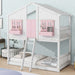 Giga house bunk bed with roof, window, window box, door, safety guardrails, and ladder for children’s bedroom.