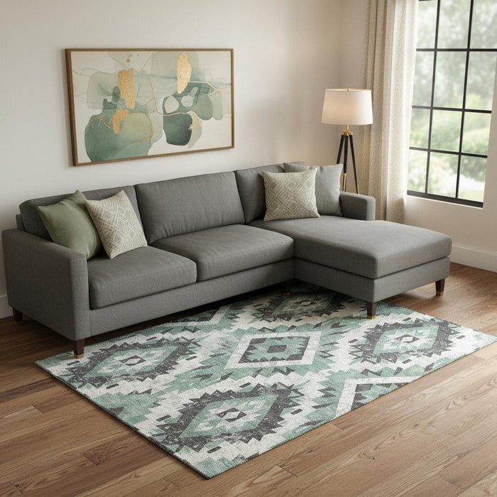 10' X 14' Southwestern Washable Area Rug With UV Protection (706607) - Pale Aqua / Charcoal / Ivory