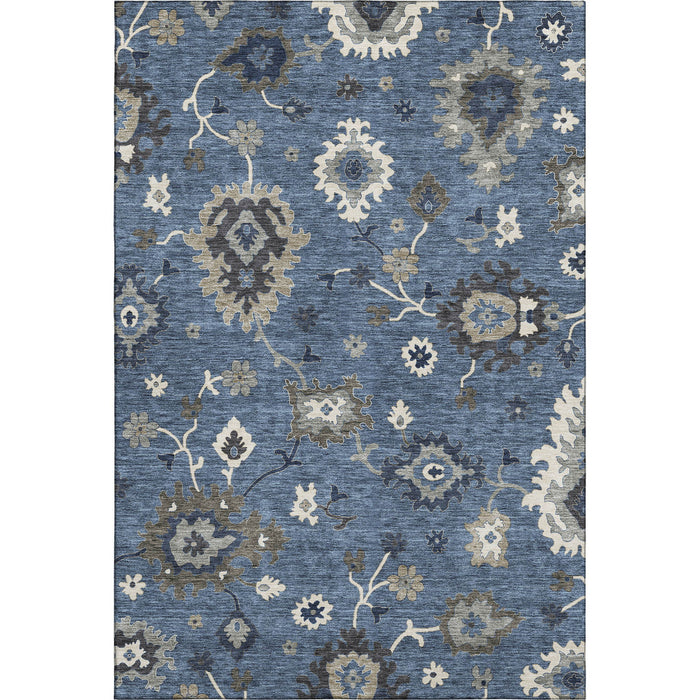 9' X 12' Traditional Floral Medallion Washable Area Rug With UV Protection - Blue