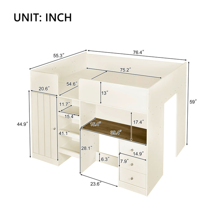 Giga loft bed with built-in wardrobe, desk, shelves, and drawers, showcasing a space-saving multi-functional bedroom furniture piece