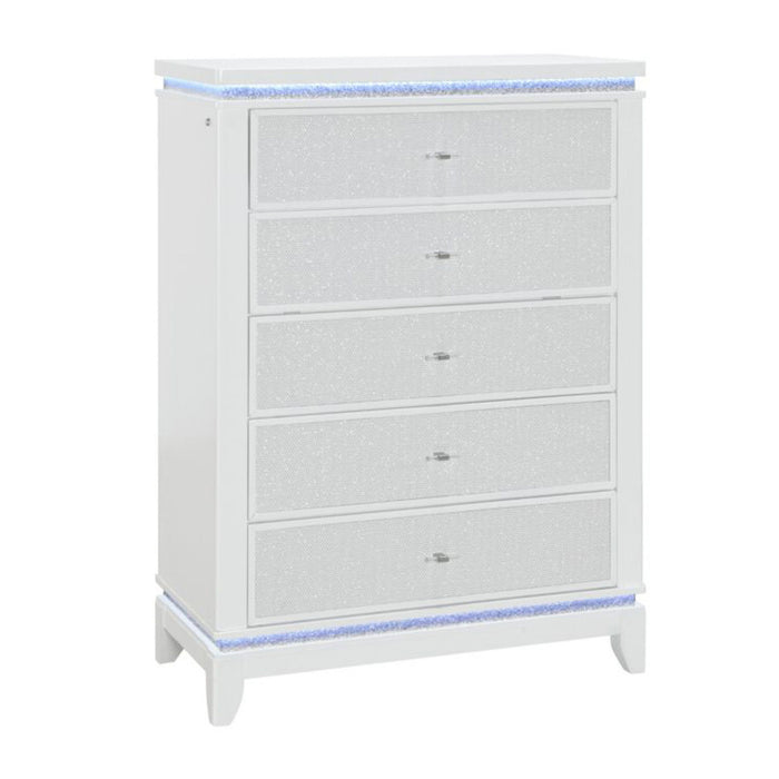 36" Faux Crystal Glitter Wood Lighted Five Drawer Dresser - White