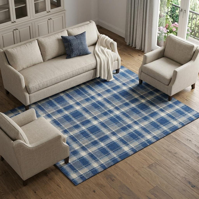 8' X 10' Plaid Washable Area Rug With UV Protection (649448) - Navy Blue / Ivory