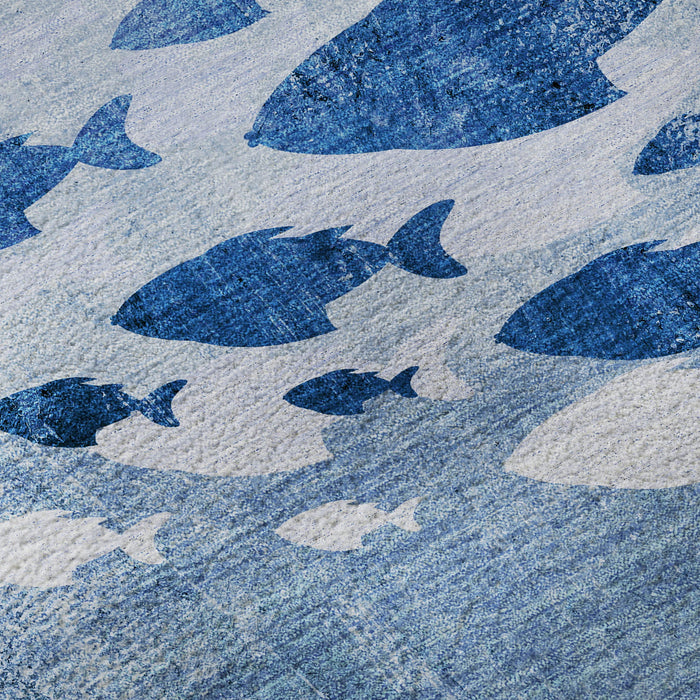 10' X 14' Nautical Washable Area Rug With UV Protection (652773) - Blue / Ivory