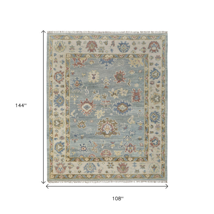 9' X 12' Floral Hand Knotted Area Rug With Fringe - Blue