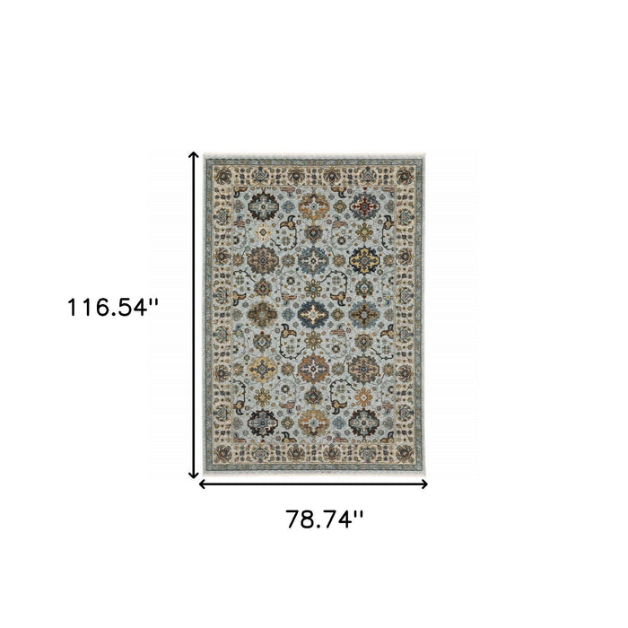 6.6' x 9.7' Oriental Power Loom Polyester Area Rug With Fringe - Blue And Beige